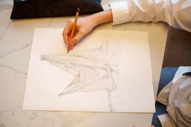 Foto la niña dibuja un boceto de una imagen en papel blanco.