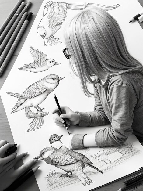 una niña dibuja con lápices de acuarela