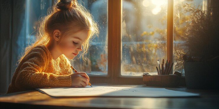 una niña dibuja un lápiz frente a una ventana