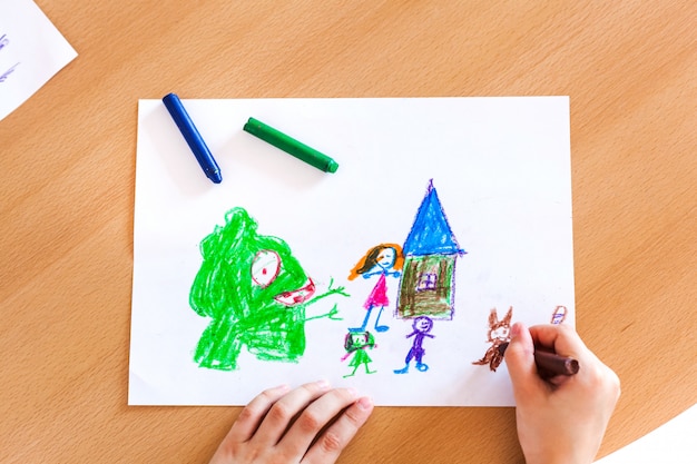 La niña dibuja un monstruo atacando a su familia. Dibujando con crayones de papel