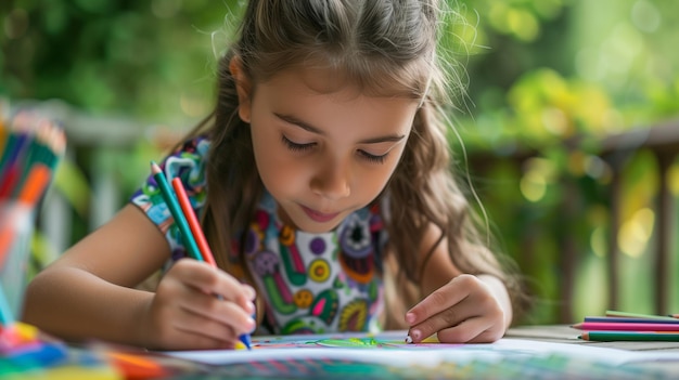 Foto niña dibujando con lápices de colores