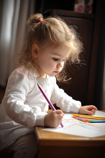 Una niña dibujando con lápices de colores