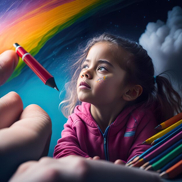 Foto una niña está dibujando con un lápiz y un fondo de cielo azul.