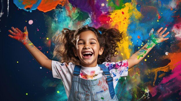 Foto niña dibujando una pintura de arco iris en las manos y expresar la alegría del aprendizaje a distancia de una manera brillante y creativa