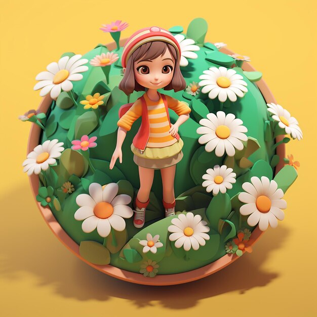 Foto una niña de dibujos animados en 3d de pie en un círculo de flores