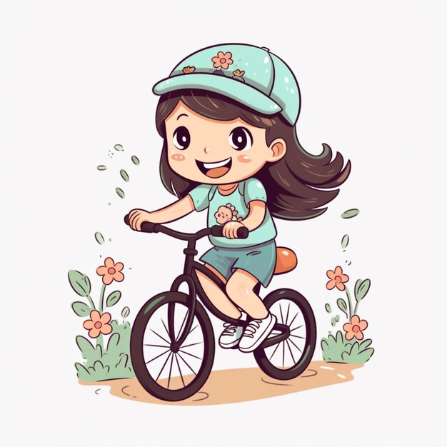 Foto niña de dibujos animados andando en bicicleta con una gorra en ai generativa