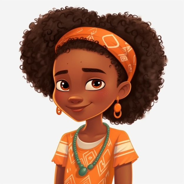 niña de dibujos animados con cabello afro con diadema y camisa naranja ai generativo