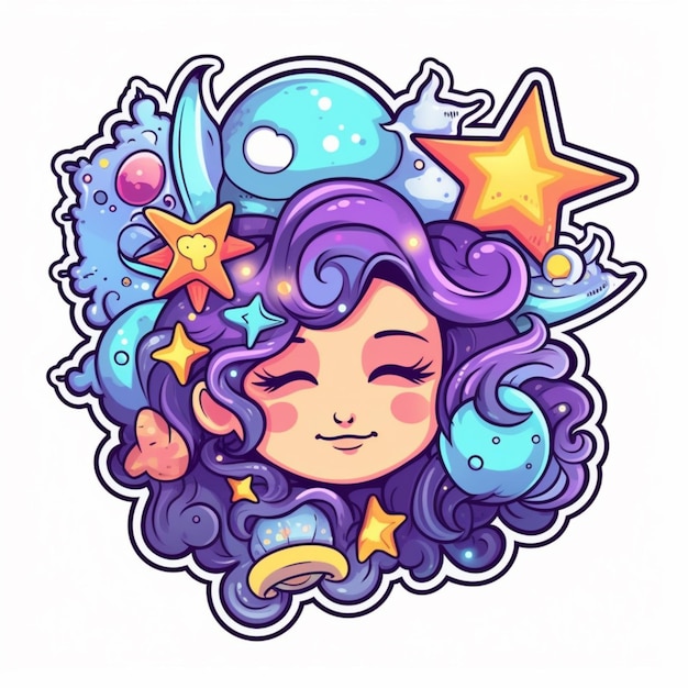 una niña de dibujos animados con cabello morado y una estrella de mar en el cabello ai generativo