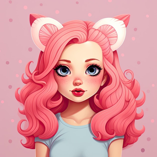 una niña de dibujos animados con cabello y orejas rosas