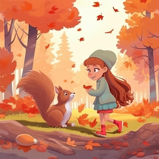 una niña de dibujos animados camina por el bosque con una ardilla ai generativa
