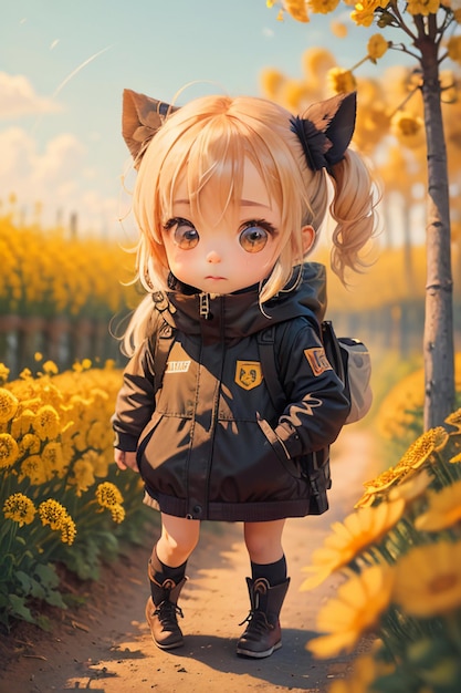 Niña de dibujos animados caminando y tomando fotografías en el estilo anime del camino del campo de girasoles de crisantemo amarillo