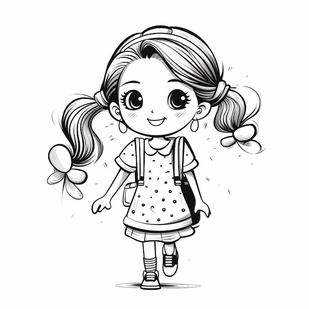 Una niña de dibujos animados con colas de caballo y una mochila camina ai generativo
