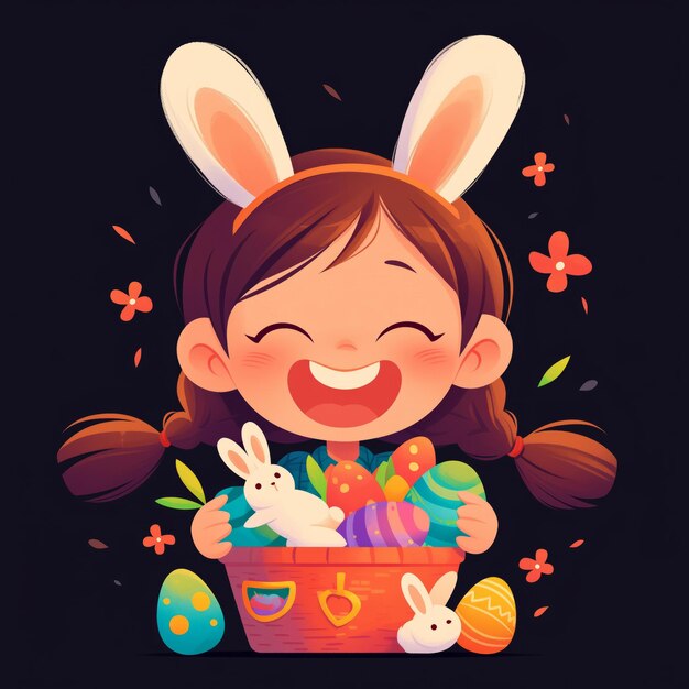 Foto niña de dibujos animados colorida con orejas de conejo celebración de pascua logotipo moderno de lujo en estilo plano vectorial