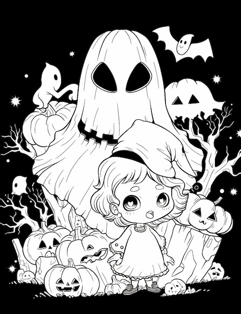 Una niña de dibujos animados con un disfraz de halloween rodeada de calabazas y fantasmas ai generativo