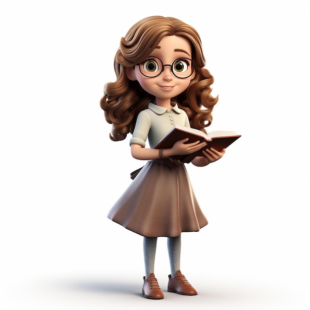Niña de dibujos animados leyendo un libro mientras usa gafas y un vestido