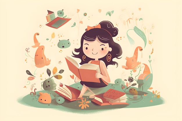 Una niña de dibujos animados leyendo un libro con un pájaro en la portada.