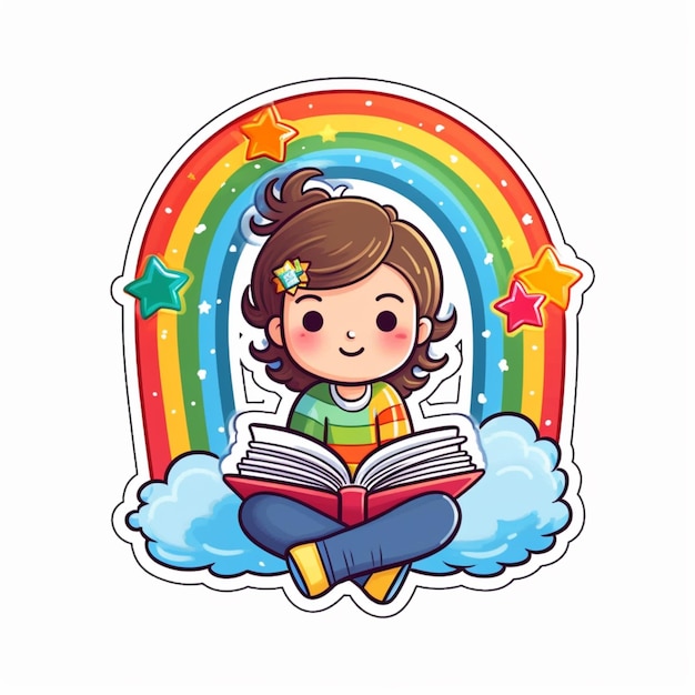 Foto una niña de dibujos animados leyendo un libro sentado en una nube con un arco iris en el fondo ai generativo