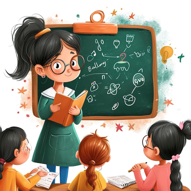 una niña de dibujos animados un maestro que guía a los estudiantes con una pizarra llena de información educativa inspiradora