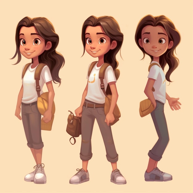 niña de dibujos animados con mochila y mochila de pie en diferentes poses ai generativo