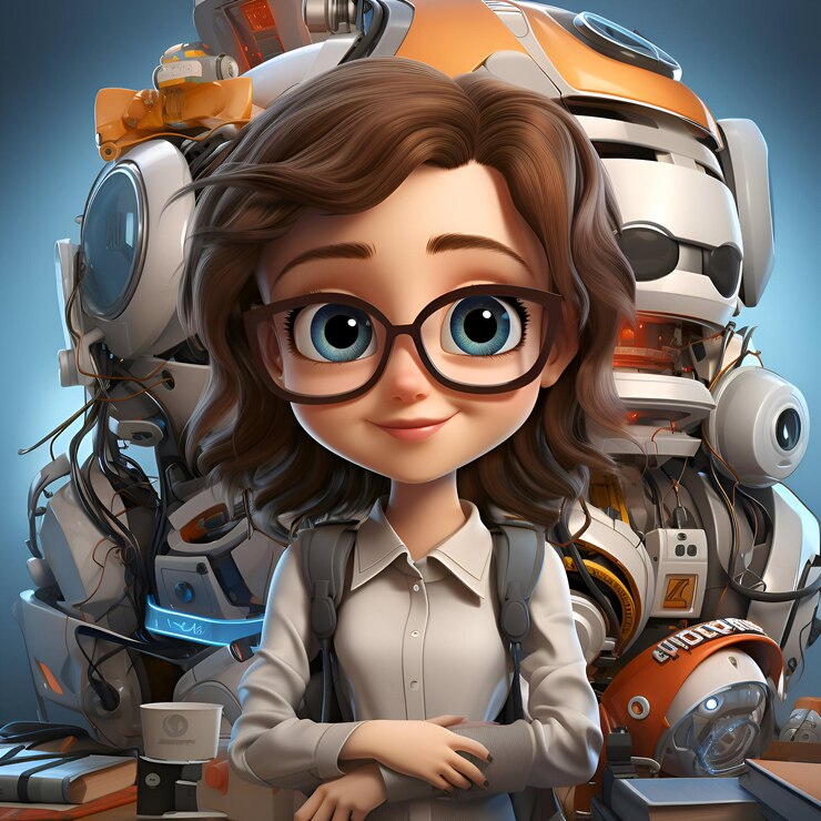 Foto niña de dibujos animados con muchos robots en el fondo ilustración 3d