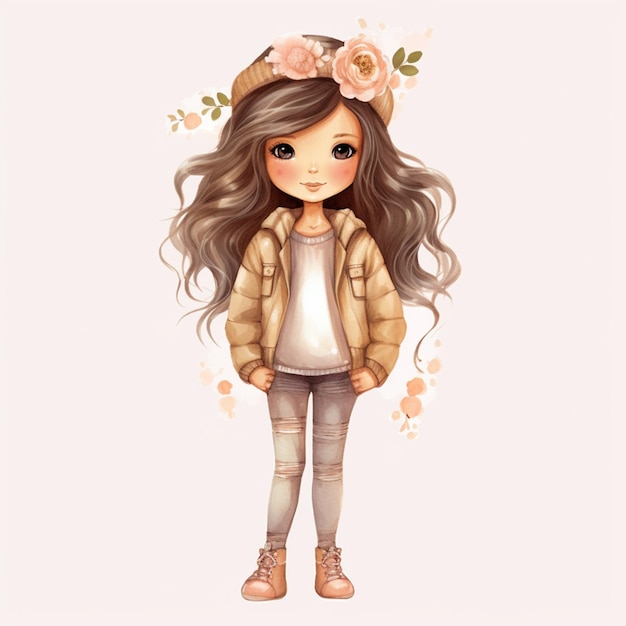 niña de dibujos animados con pelo largo con chaqueta y jeans ai generativo