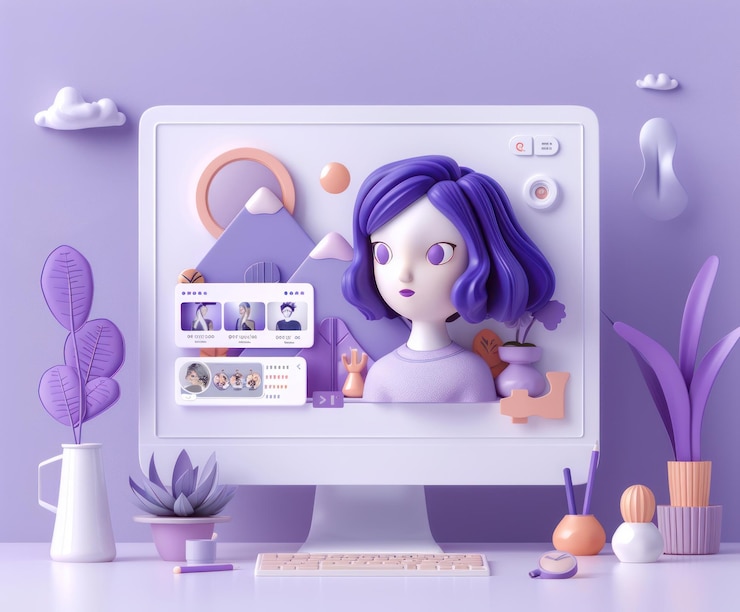 Foto niña de dibujos animados púrpura en 3d en una pantalla de computadora