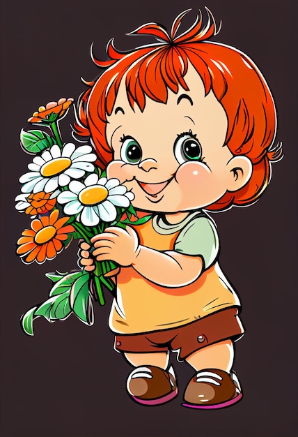 niña de dibujos animados con un ramo de flores ai generativo