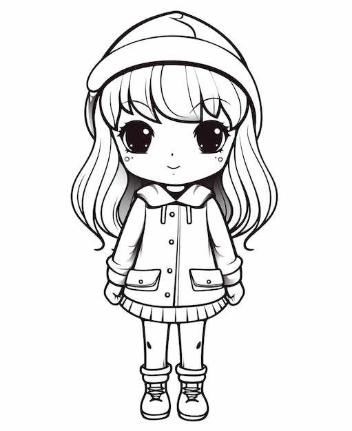Una niña de dibujos animados con ropa de invierno y sombrero de pie con las manos en los bolsillos ai generativo