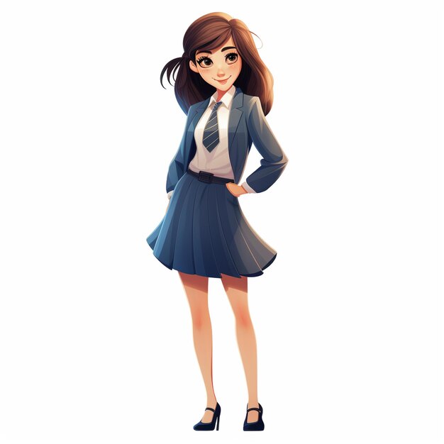 Foto niña de dibujos animados con uniforme escolar con corbata y falda