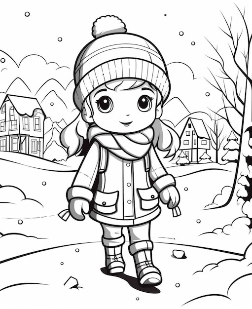 una niña de dibujos animados vestida de invierno caminando por la nieve ai generativa