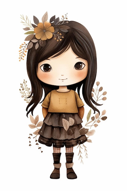 niña de dibujos animados con vestido marrón y botas marrones parada frente a un fondo blanco ai generativo