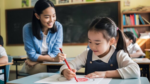 Niña con dibujos de lápiz de colores en la lección en el aula