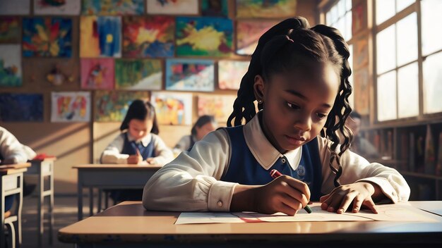 Foto niña con dibujos de lápiz de colores en la lección en el aula