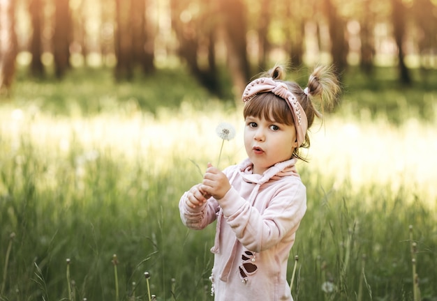 Niña con diente de León blanco en el parque en verano