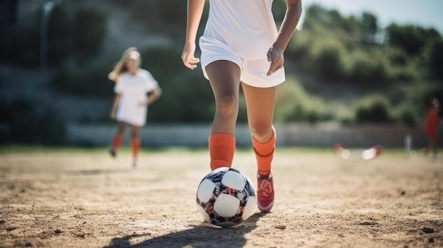 Una niña dinámica con traje de fútbol controlando hábilmente la pelota con su pie mientras mantiene el equilibrio y se centra en el campo