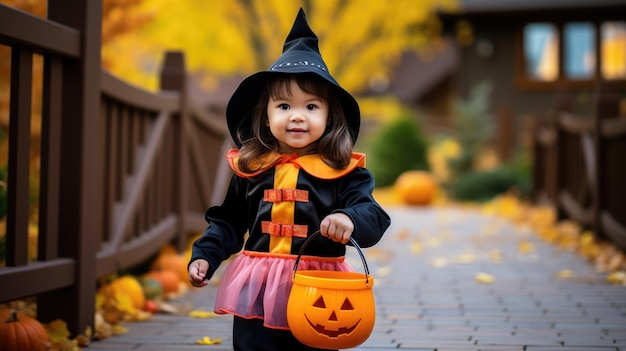 Niña disfrazada de bruja divirtiéndose en el truco o trato de Halloween