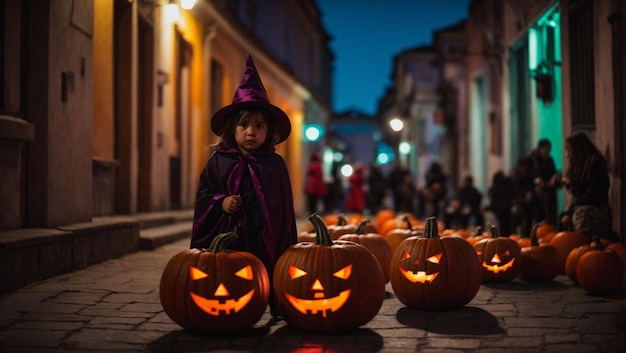 Nina disfrazada de bruja con una calabaza in Halloween