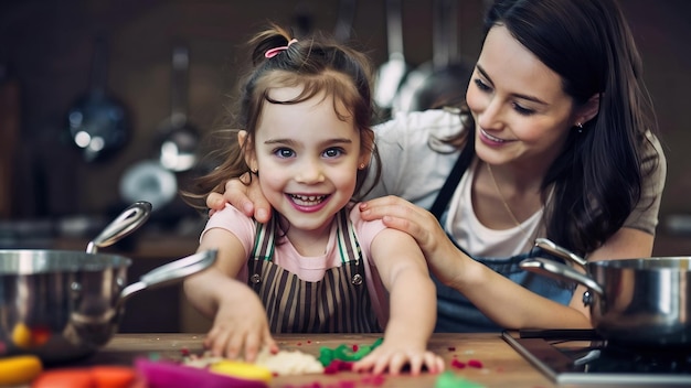 Niña disfruta jugando con su madre y mujer y hija sonrientes divirtiéndose en la cocina