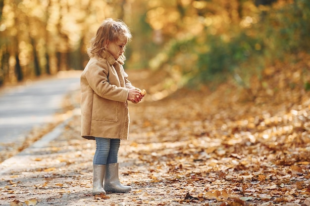 Niña disfrutando de caminar en el parque de otoño