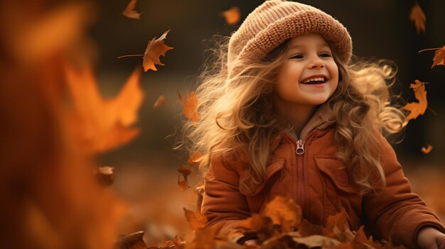 Niña disfrutando de las hojas caídas del otoño