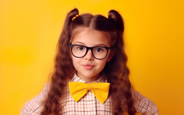 Foto niña divertida de la escuela sobre fondo amarillo ai generativa ai