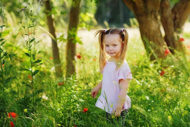 Niña divertida en la pradera de verano