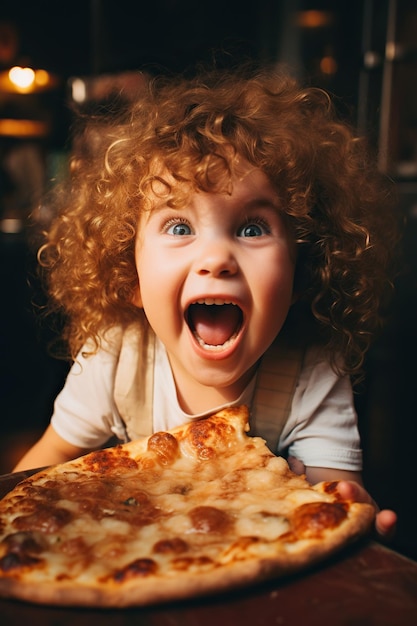 Una niña divertida y ridícula se come una rebanada de pizza