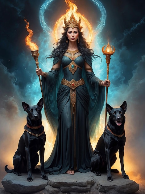 Una niña divina está de pie con una branquia de fuego y un perro a su lado