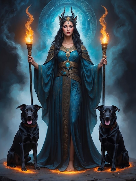 Una niña divina está de pie con una branquia de fuego y un perro a su lado