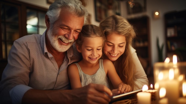 de una niña divirtiéndose digitalmente con sus abuelos en casa