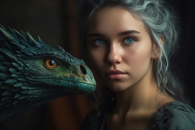 Una niña con un dragón en la cabeza.