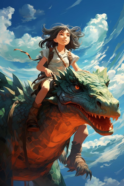 Foto niña y dragón el niño vuela por el cielo en un mini dragón generado por ai