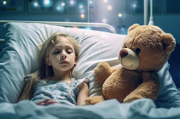 Una niña duerme en una cama de hospital con un osito de peluche.