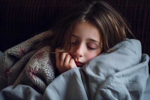 Foto una niña duerme en la cama con los ojos cerrados